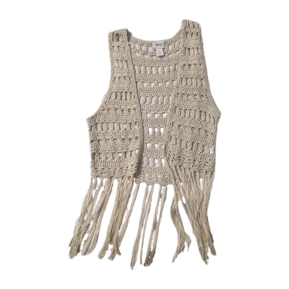 Daytrip Womens Small Cream Crochet Open Knit Fringe Boho Vest Festival Western